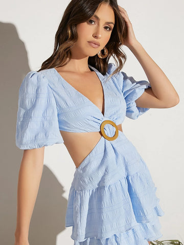 Cut Out O-ring Detail Puff Sleeve Ruffle Hem Dress