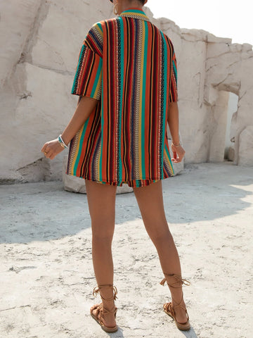 Striped Print Drop Shoulder Shirt & Knot Front Shorts