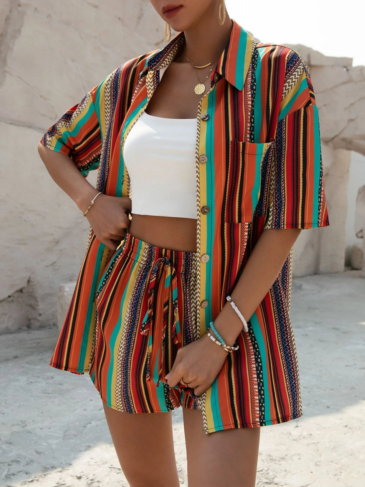 Striped Print Drop Shoulder Shirt & Knot Front Shorts