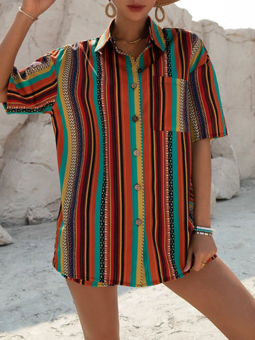 Striped Print Drop Shoulder Shirt & Knot Front Shorts