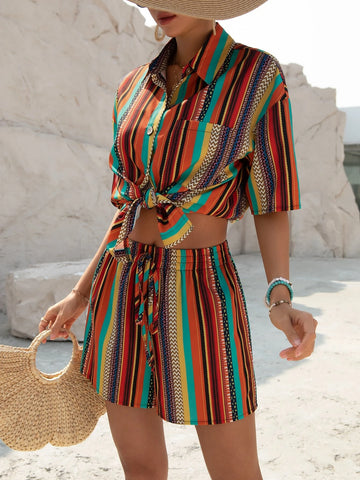 Striped Print Drop Shoulder Shirt & Knot Front Shorts
