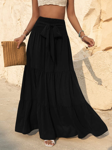 VCAY Ruffle Hem Belted Maxi Skirt