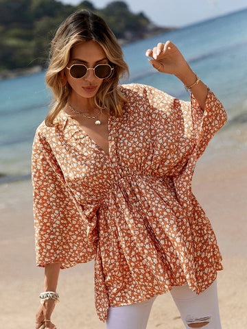 EMERY ROSE Ditsy Floral Batwing Sleeve Peplum Blouse