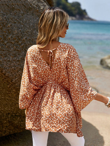 EMERY ROSE Ditsy Floral Batwing Sleeve Peplum Blouse