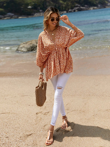 EMERY ROSE Ditsy Floral Batwing Sleeve Peplum Blouse