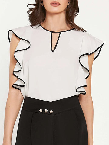 BIZwear Contrast Binding Ruffle Trim Keyhole Neckline Blouse