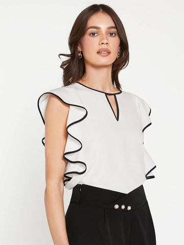 BIZwear Contrast Binding Ruffle Trim Keyhole Neckline Blouse