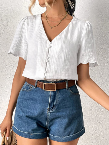 Frenchy Solid Button Front Puff Sleeve Blouse