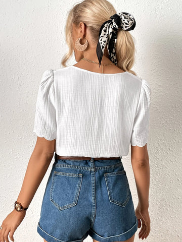 Frenchy Solid Button Front Puff Sleeve Blouse