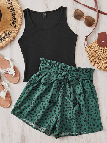 Solid Tank Top & Dalmatian Print Paperbag Waist Belted Shorts