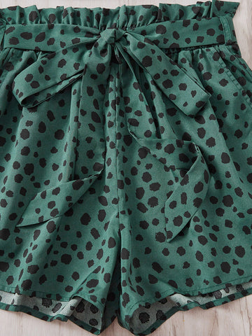 Solid Tank Top & Dalmatian Print Paperbag Waist Belted Shorts