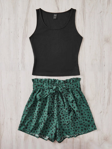 Solid Tank Top & Dalmatian Print Paperbag Waist Belted Shorts