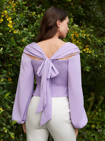 Lantern Sleeve Twist Front Cut Out Crop Blouse