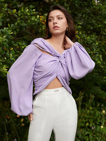 Lantern Sleeve Twist Front Cut Out Crop Blouse