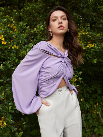 Lantern Sleeve Twist Front Cut Out Crop Blouse