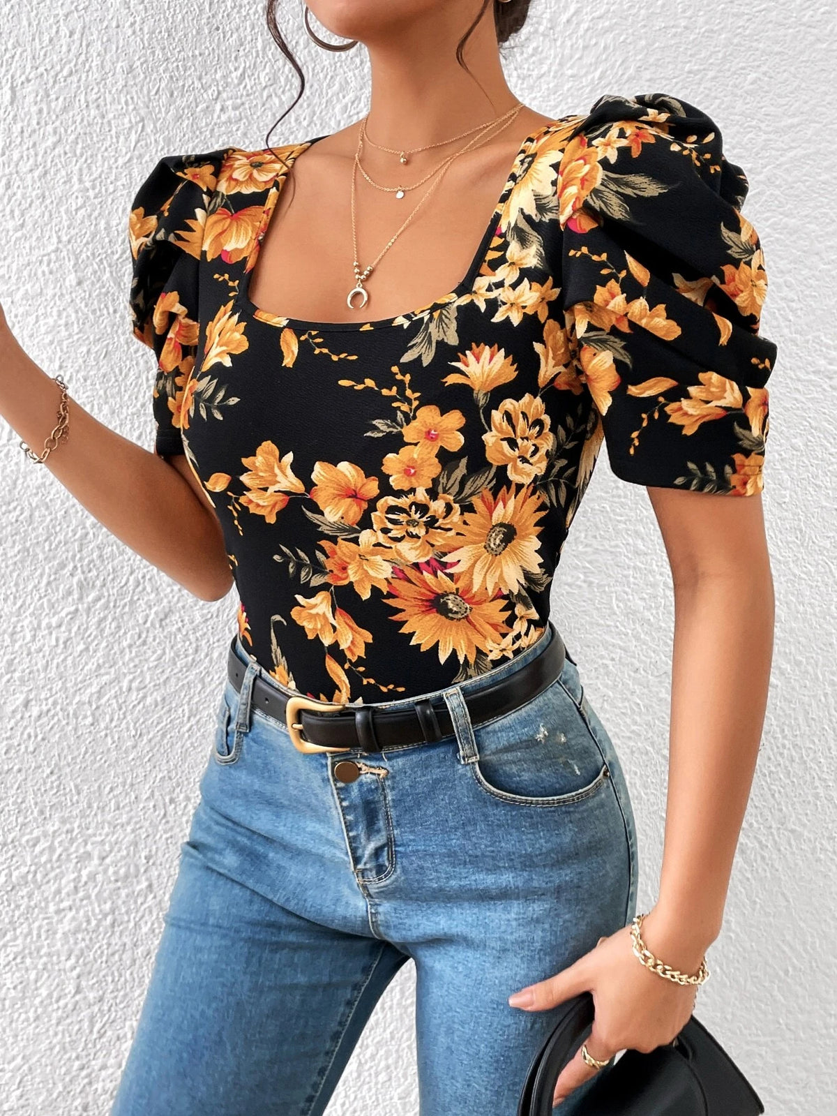 Unity Floral Print Square Neck Puff Sleeve Tee