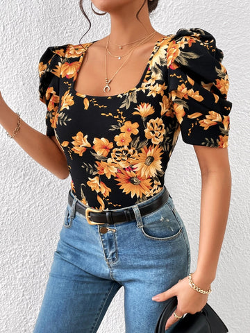 Unity Floral Print Square Neck Puff Sleeve Tee