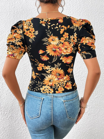 Unity Floral Print Square Neck Puff Sleeve Tee