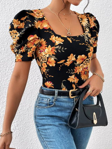 Unity Floral Print Square Neck Puff Sleeve Tee