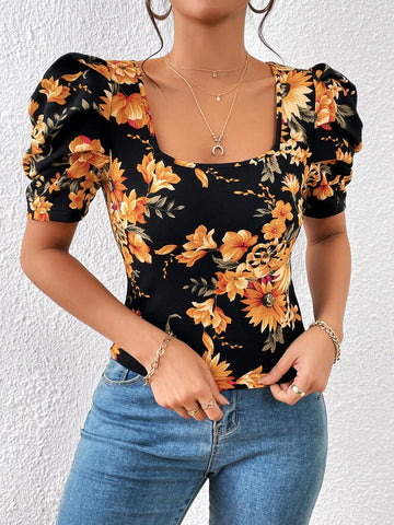 Unity Floral Print Square Neck Puff Sleeve Tee
