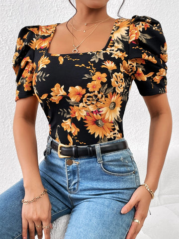 Unity Floral Print Square Neck Puff Sleeve Tee