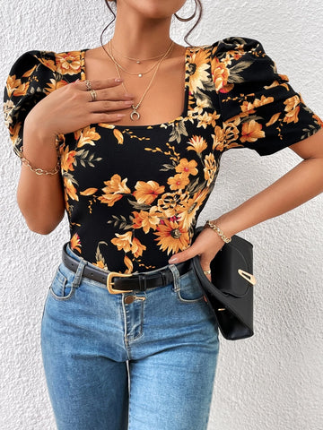 Unity Floral Print Square Neck Puff Sleeve Tee