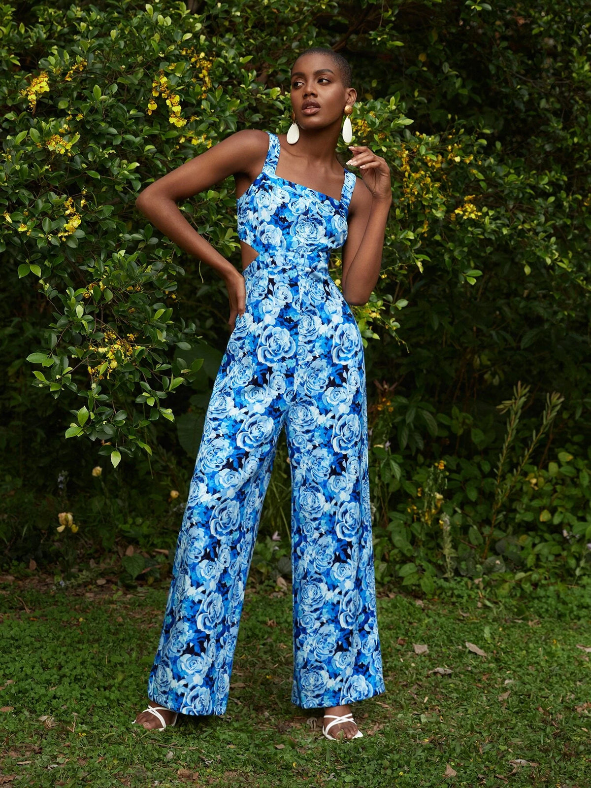 Allover Floral Print Cut Out Waist Wide Leg Cami Jumpsuit