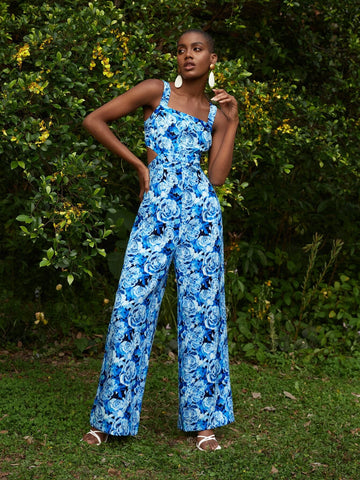 Allover Floral Print Cut Out Waist Wide Leg Cami Jumpsuit