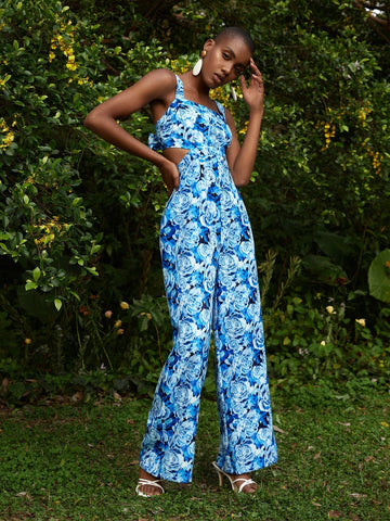 Allover Floral Print Cut Out Waist Wide Leg Cami Jumpsuit