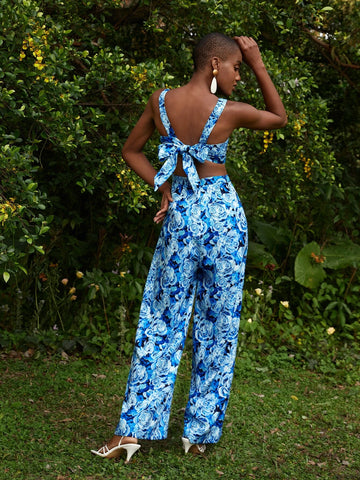 Allover Floral Print Cut Out Waist Wide Leg Cami Jumpsuit