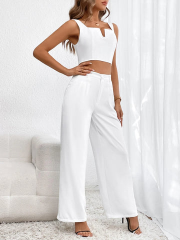 Solid Notched Neck Crop Tank Top & Wide Leg Pants