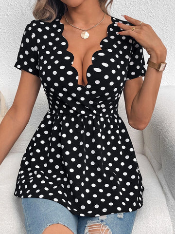 Unity Polka Dot Print Scallop Trim Peplum Tee