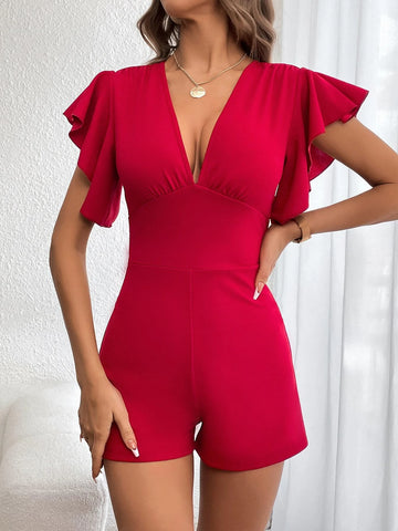 Plunging Neck Butterfly Sleeve Romper