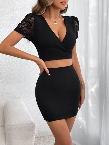Contrast Lace Puff Sleeve Crop Top & Bodycon Skirt