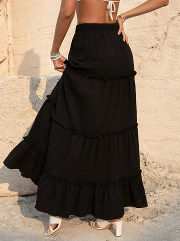 VCAY Solid Ruffle Hem Skirt