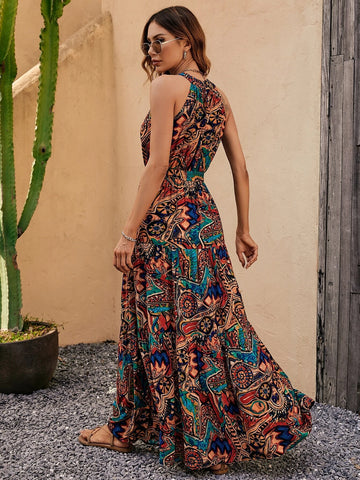 EMERY ROSE Allover Print Ruffle Hem Belted Halter Dress