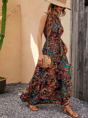 EMERY ROSE Allover Print Ruffle Hem Belted Halter Dress