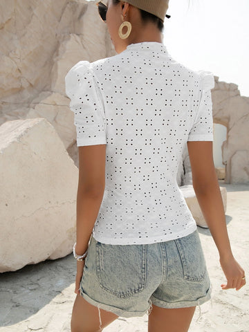 VCAY Eyelet Embroidery Puff Sleeve Tee