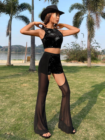 Graphic Crop Tank Top & Mesh Insert Flare Leg Pants