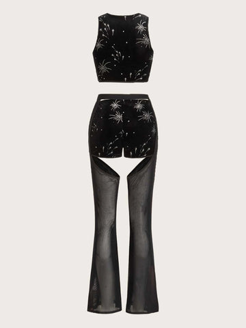 Graphic Crop Tank Top & Mesh Insert Flare Leg Pants
