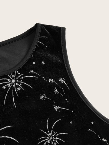 Graphic Crop Tank Top & Mesh Insert Flare Leg Pants