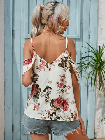 EMERY ROSE Floral Print Cold Shoulder Ruffle Trim Blouse