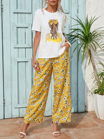 EMERY ROSE Figure Graphic Tee & Floral Print Wide Leg Pants