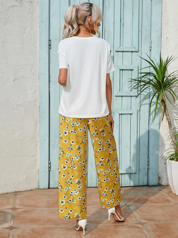 EMERY ROSE Figure Graphic Tee & Floral Print Wide Leg Pants