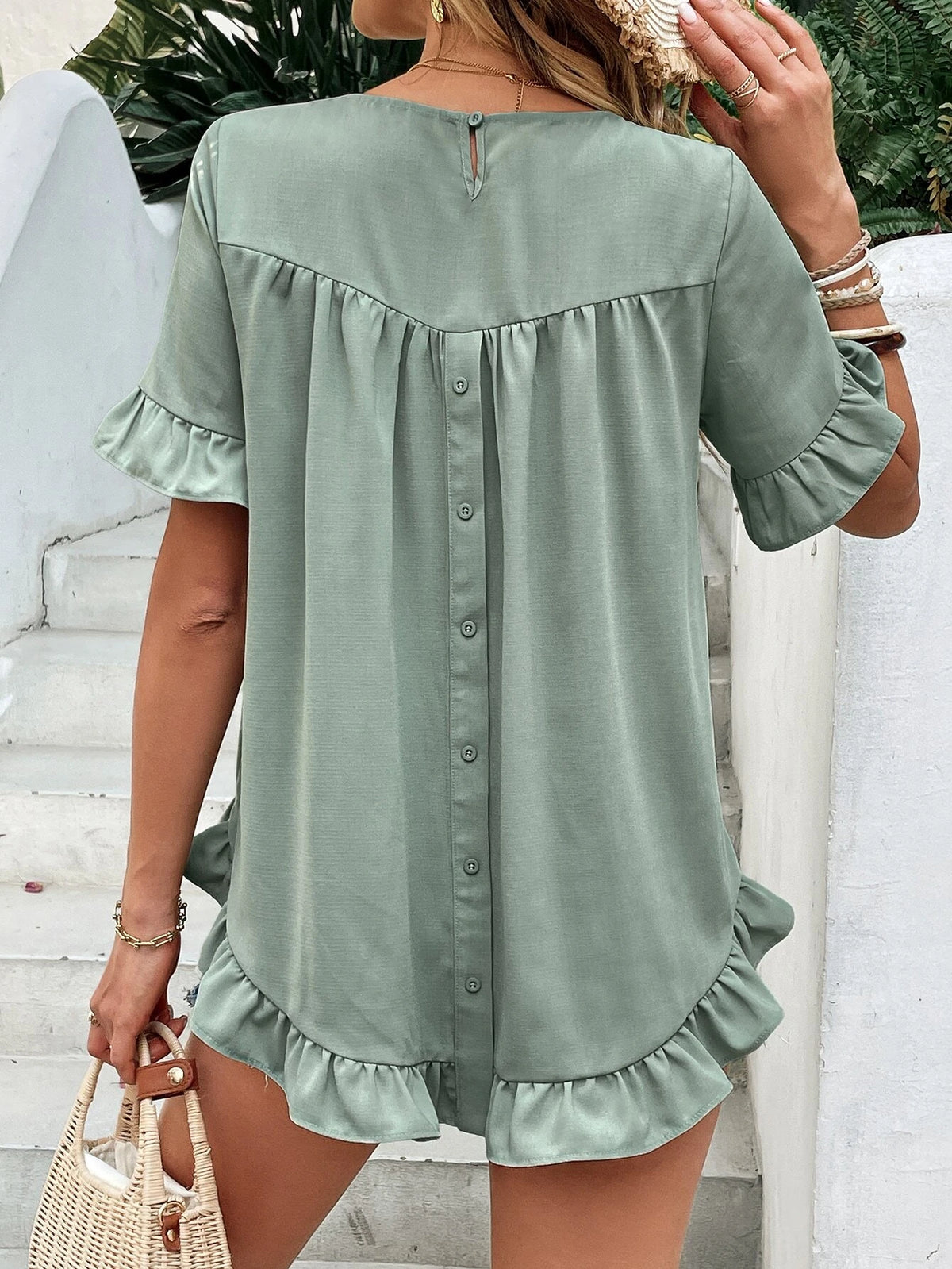 EMERY ROSE Solid Ruffle Hem Button Back Flounce Sleeve Blouse