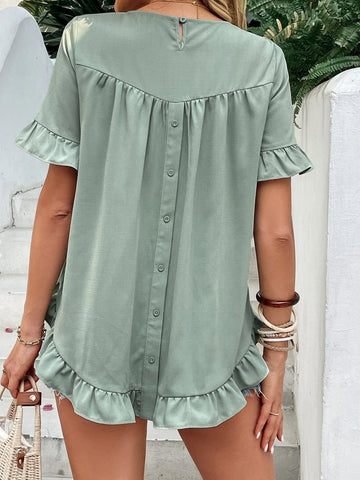 EMERY ROSE Solid Ruffle Hem Button Back Flounce Sleeve Blouse