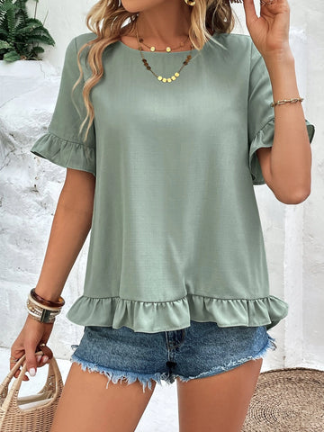 EMERY ROSE Solid Ruffle Hem Button Back Flounce Sleeve Blouse