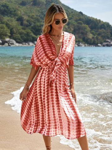 EMERY ROSE Tie Dye Knot Front Batwing Sleeve Dress