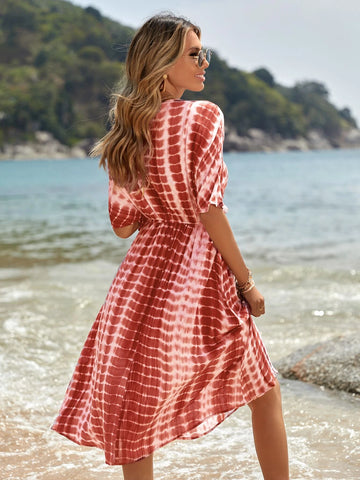EMERY ROSE Tie Dye Knot Front Batwing Sleeve Dress