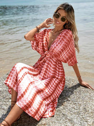 EMERY ROSE Tie Dye Knot Front Batwing Sleeve Dress